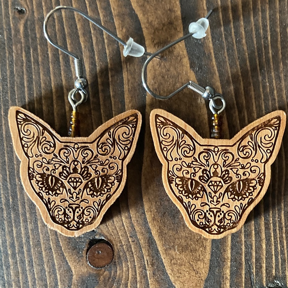 Intricate Cat Design Wooden Earrings